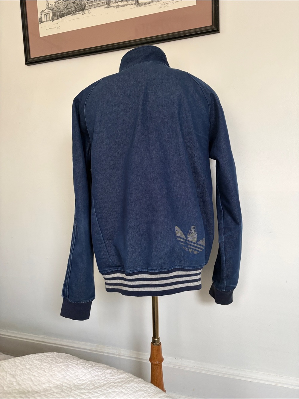 Denim Adidas jacket with two pockets in front has Adidas logo on front and back - Picture 3 of 5